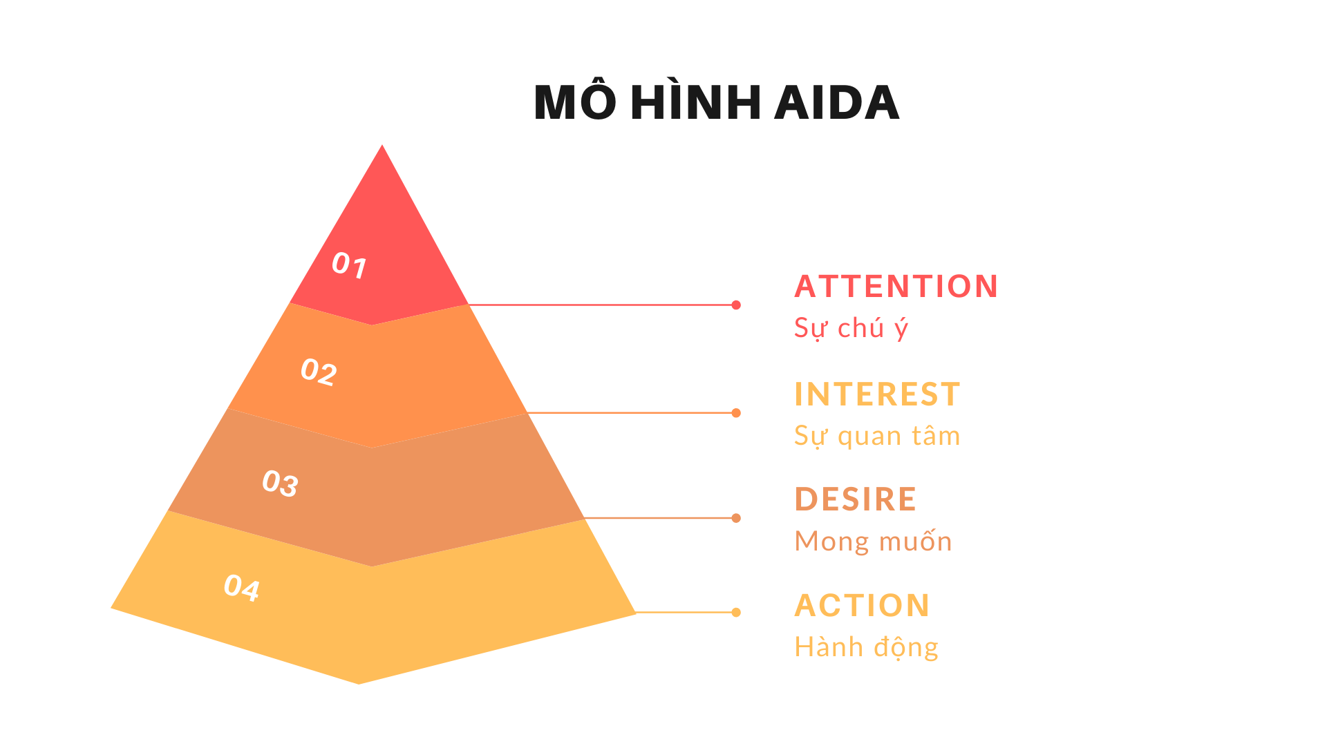 Mô hình AIDA mô tả hành trình khách hàng từ chú ý đến hành động mua hàng.

