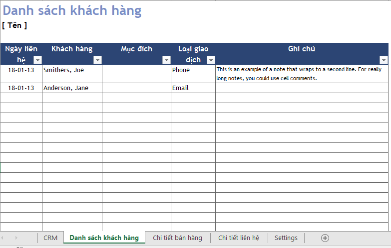 Tạo danh sách khách hàng bằng excel